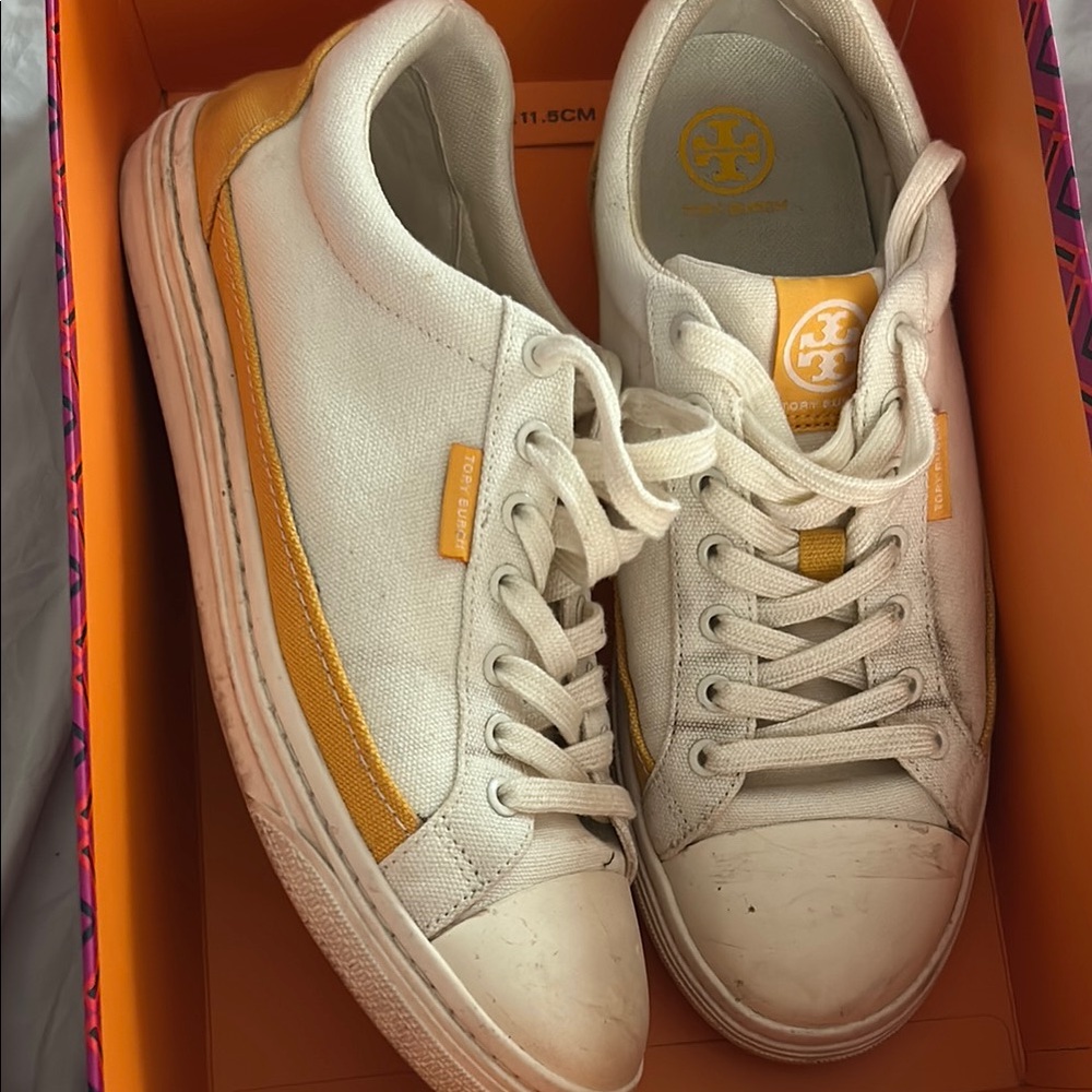 Tory Burch White and Mustard Sneakers